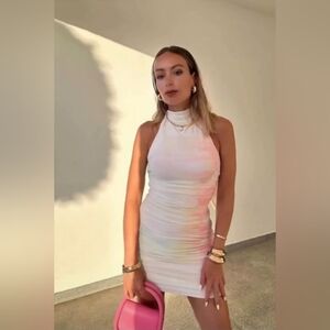 NEW Zara Pastel Rainbow Unicorn Ruched Short Printed Tulle Mini Dress M